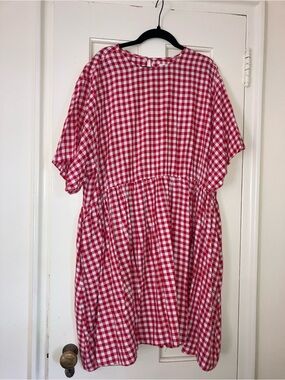 Red Gingham Mini Dress with Gathered Waist